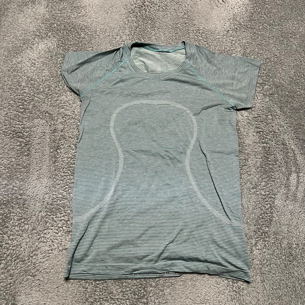 Lululemon Swiftly Shirt Womens 12 Green Striped Tech Short Sleeve